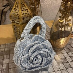 Elegant Blue Crochet Rose Handbag